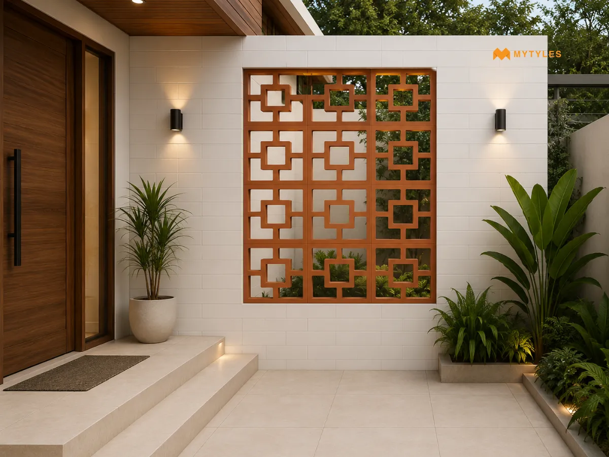 Terracotta Jali with White Wall Tiles for a Contemporary Entrance